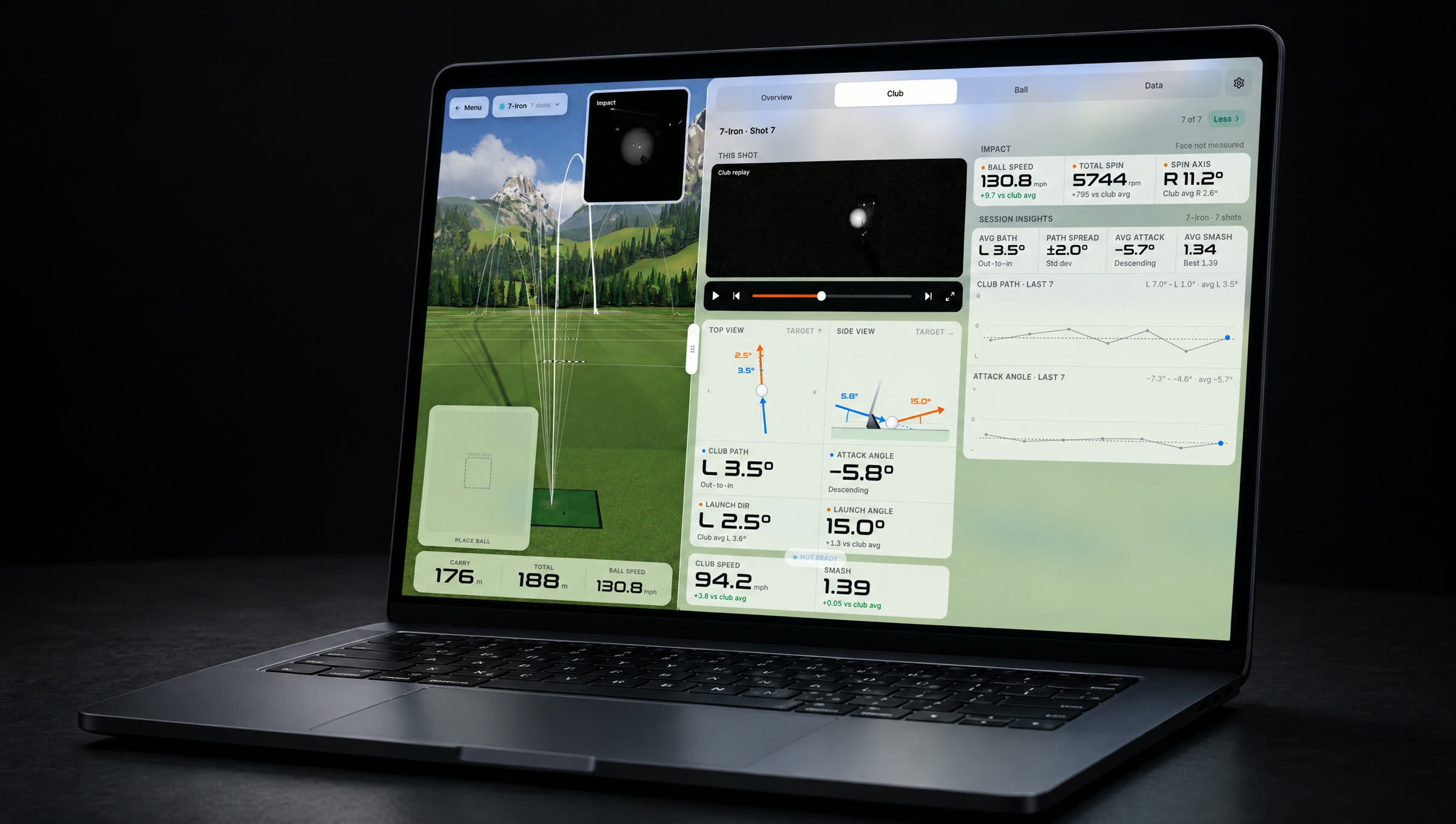 Skymo Flow club data: slow-motion replay, club path, attack angle, club speed and smash