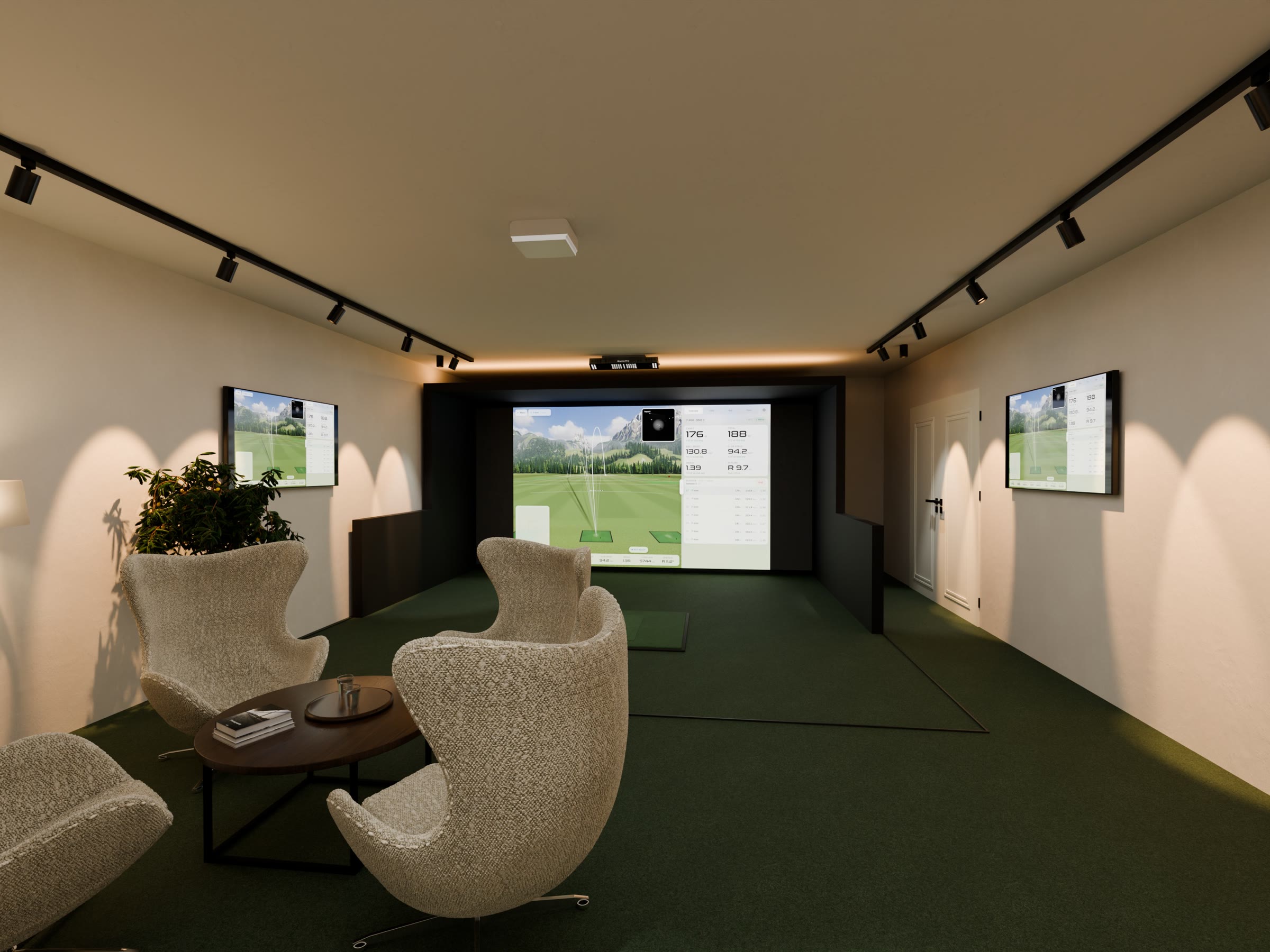 Golf simulator room with Skymo Pro on the ceiling and Skymo Flow on the screen and two displays